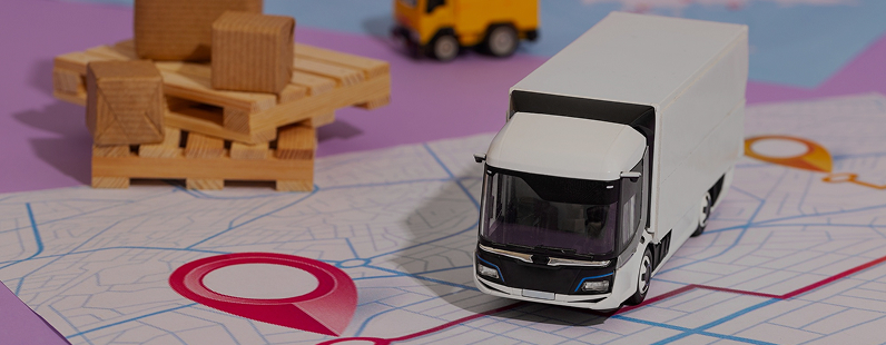 Белая фура на схематичной карте рядом с коробками. Biocard - перевозки грузов с температурным режимом по РФ и миру